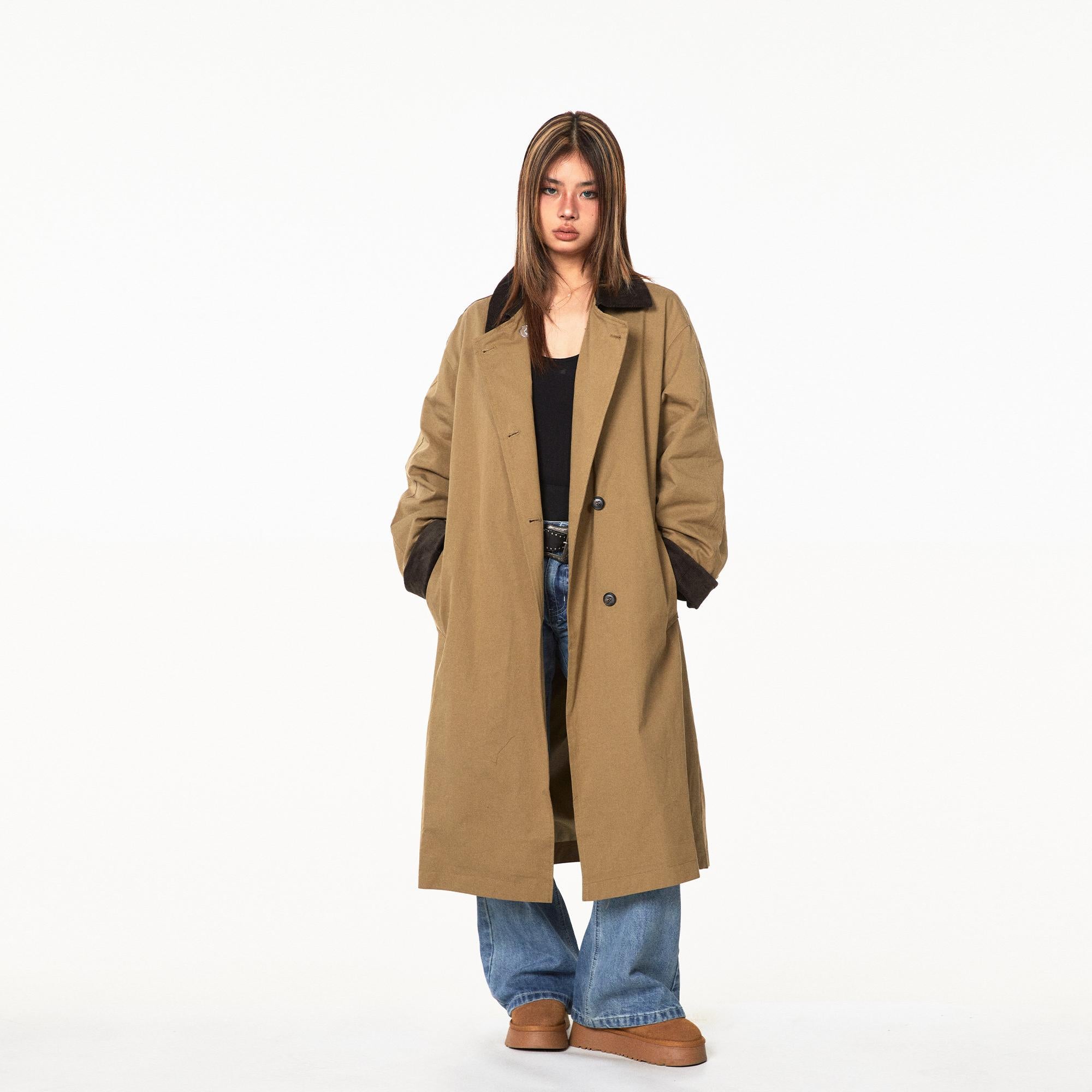 Contrast Corduroy Collar Oversized Single-Breasted Trench Coat with