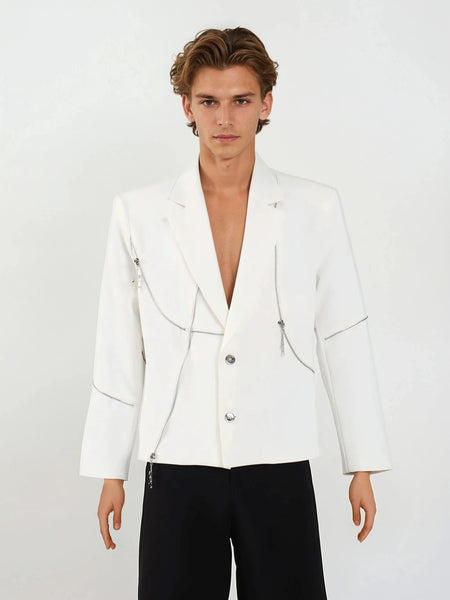 Structured Single-Breasted Blazer with Asymmetric Zip Details - nightcity clothing