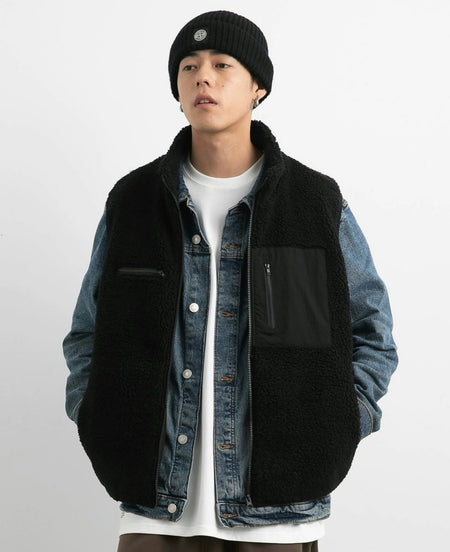 High Collar Shearling Vest with Zip Pockets - nightcity clothing