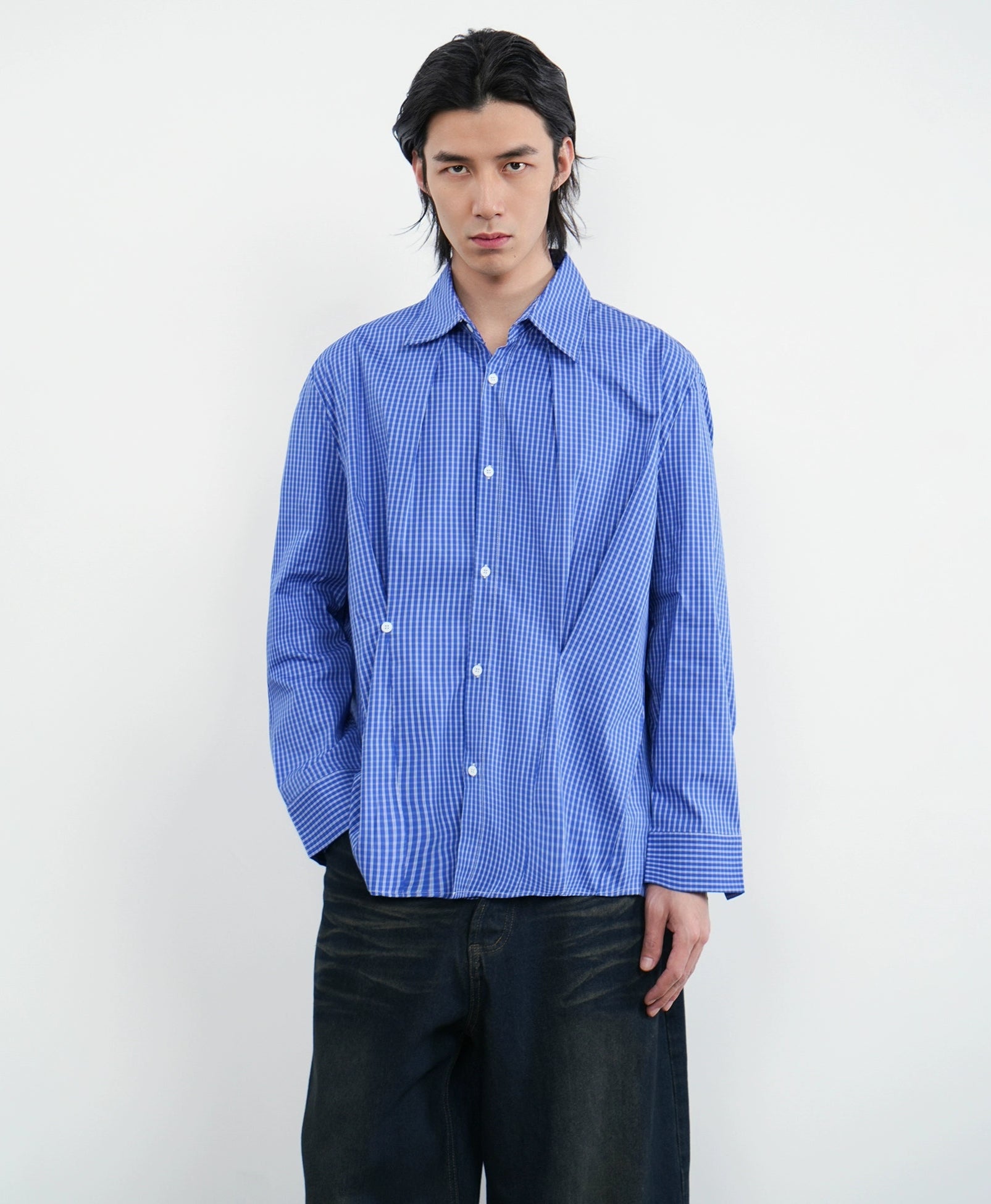 Gingham Long Sleeve Shirt  with Pleat Details
