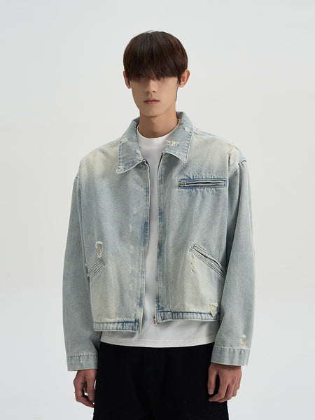 Distressed Mid-Crop Faded Denim Zip-Up Jacket - nightcity clothing