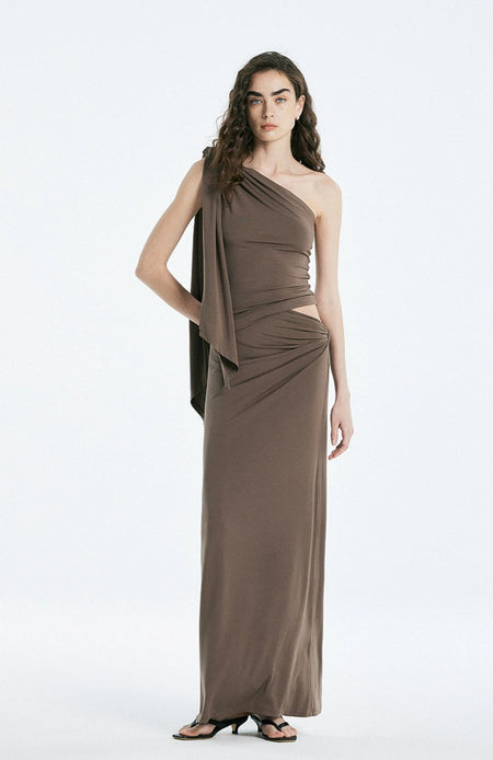 Asymmetric Drape One Shoulder Top and Gathered Twist Maxi Skirt Two-Piece Set