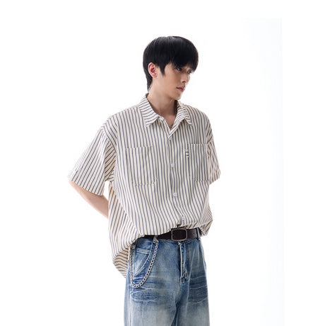 Oversized Stripe Short Sleeve Button Shirt with Chest Pockets - nightcity clothing