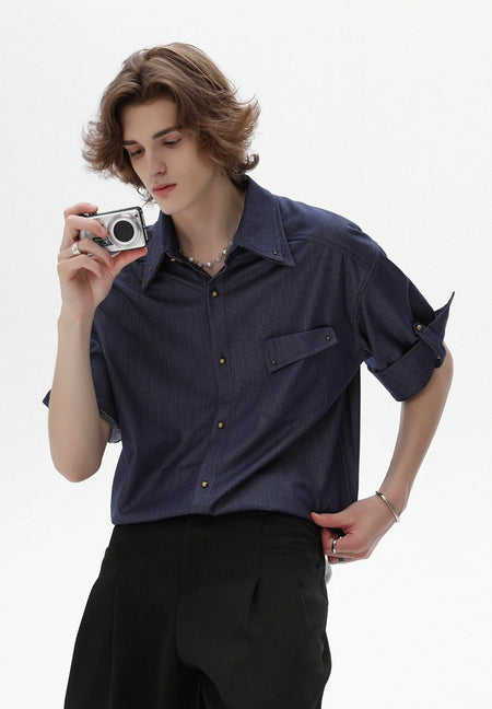 Button-Up Shirt with Rolled Tab Sleeves and Chest Pocket
