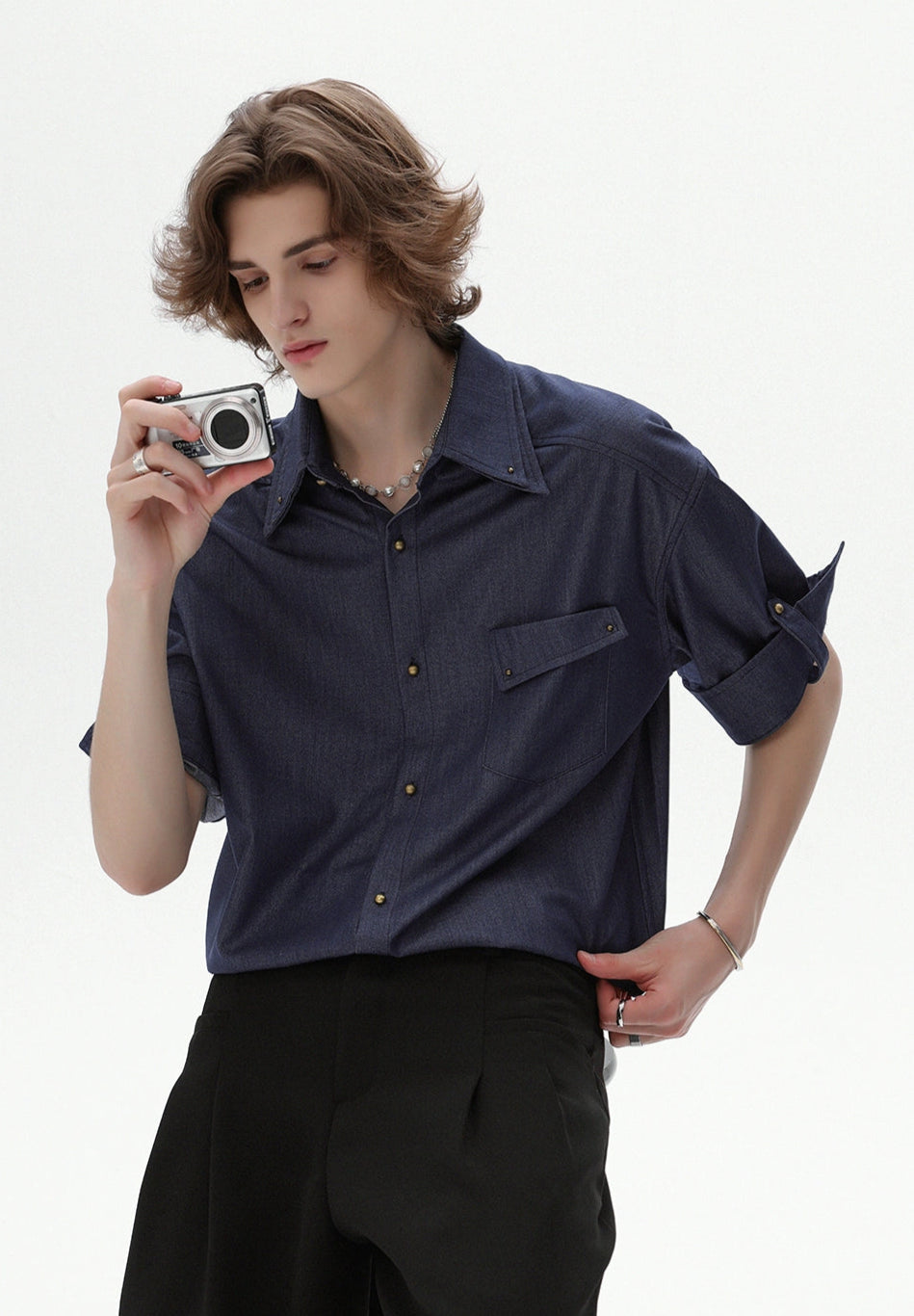 Button-Up Shirt with Rolled Tab Sleeves and Chest Pocket