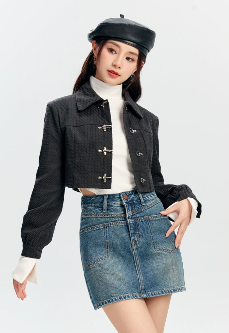 Textured Fireman Clasp Cropped Collar Jacket
