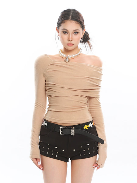 Asymmetric Off Shoulder Long Sleeve Crop Top