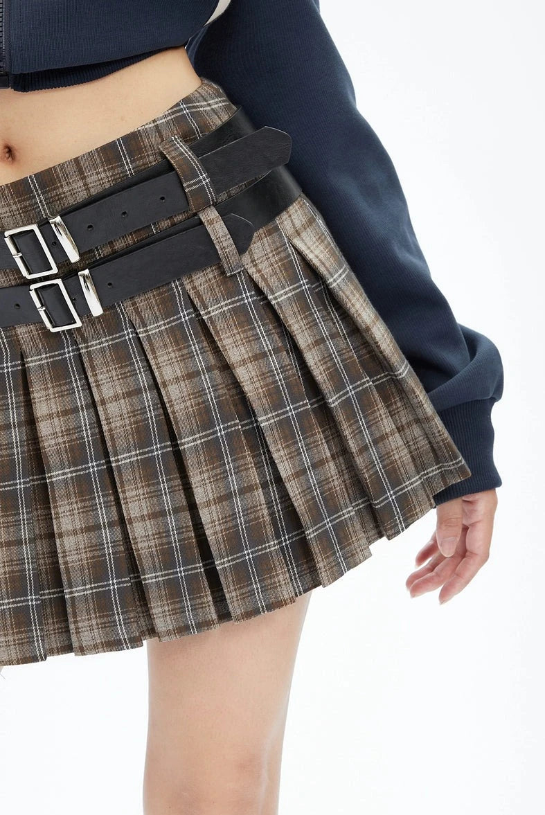 Plaid Pleated Double Belted Mini Skirt