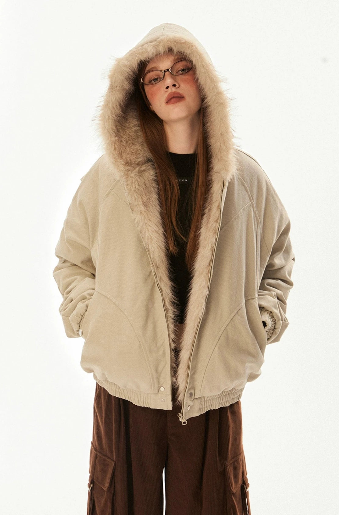 Faux Fur Lined Elastic Hem Hooded Jacket