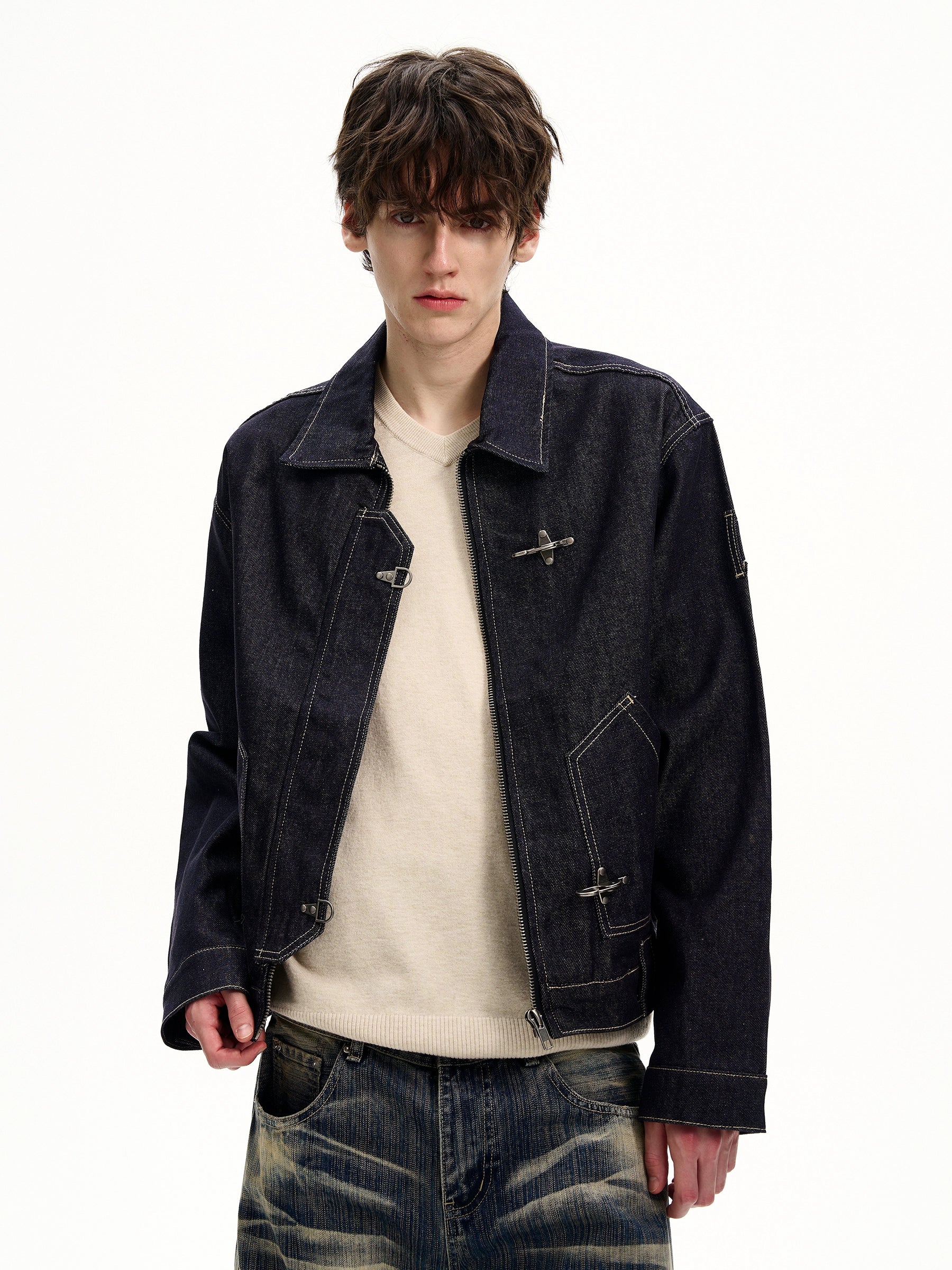 Dark Wash Fireman Clasp Mid-Crop Denim Jacket