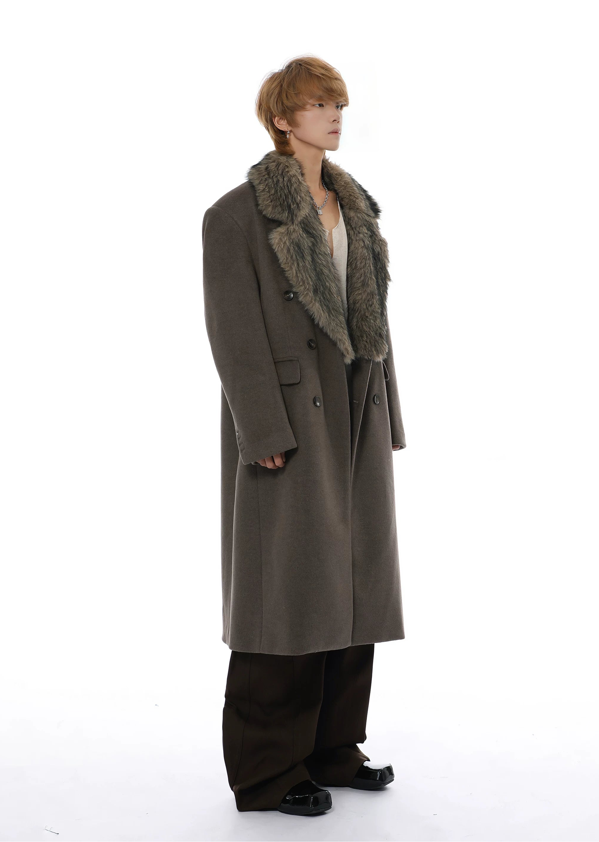 Longline Overcoat with Detachable Faux Fur Collar - nightcity clothing