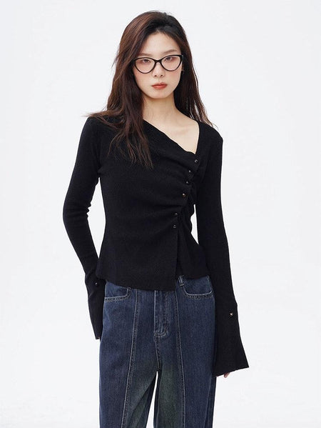 Asymmetric Button Ruched Long Sleeve Top - nightcity clothing