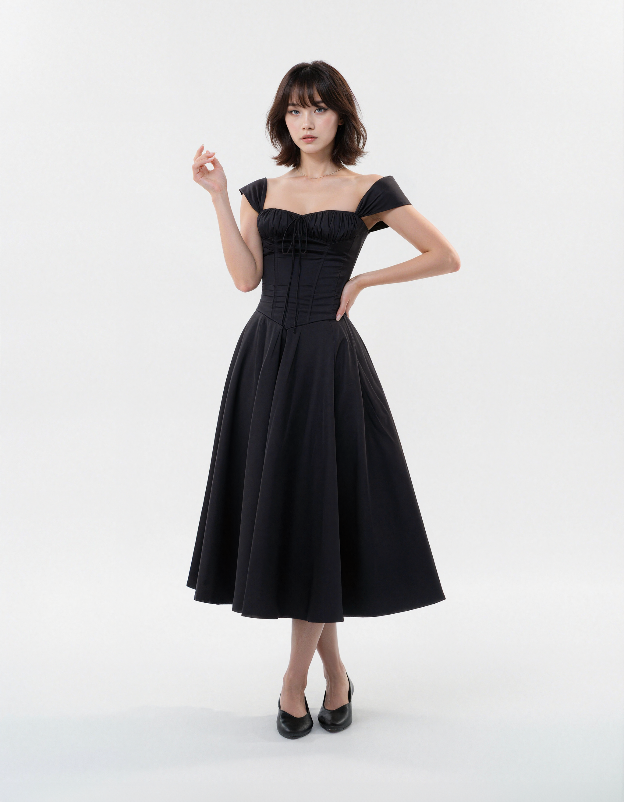Off-Shoulder Corset Tea-Length Midi Dress