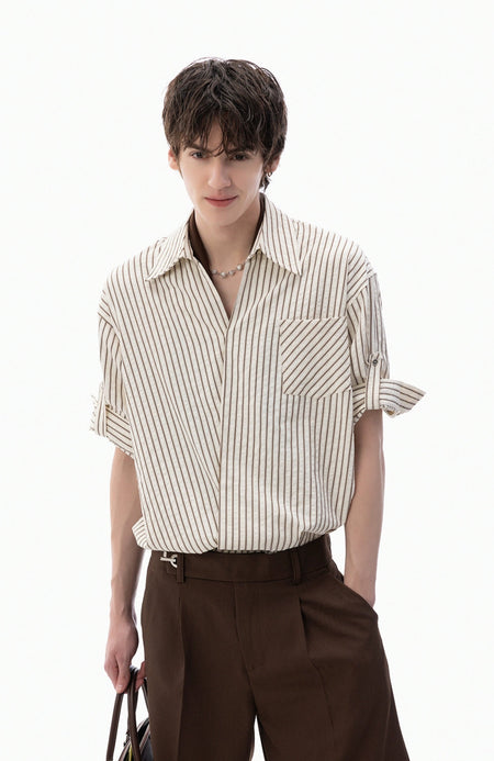Stripe Overlap Short Sleeve Button-Up Shirt with Chest Pocket - nightcity clothing