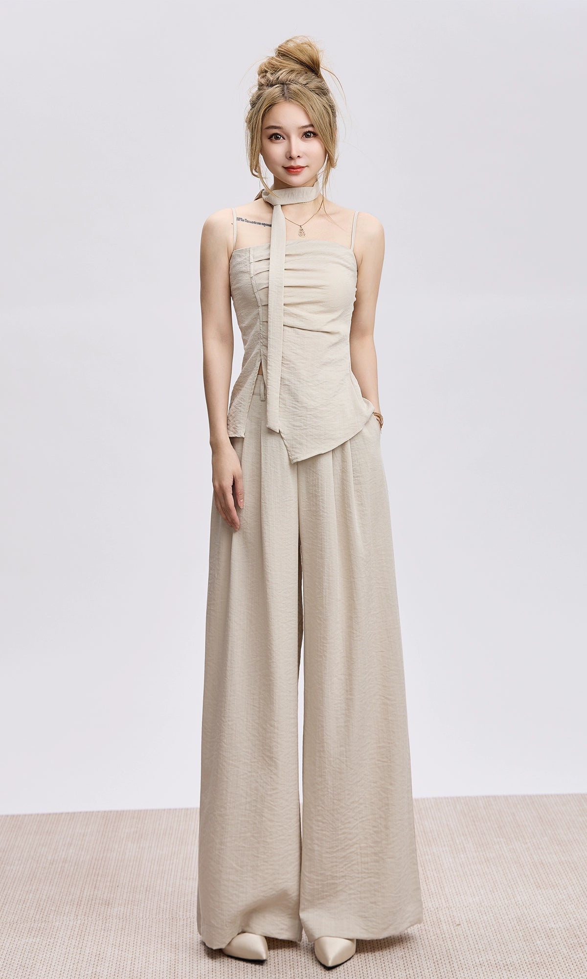 Adjustable Strap Ruched Top with Side Slit and Wide Leg Pleated Pants Two-Piece Set