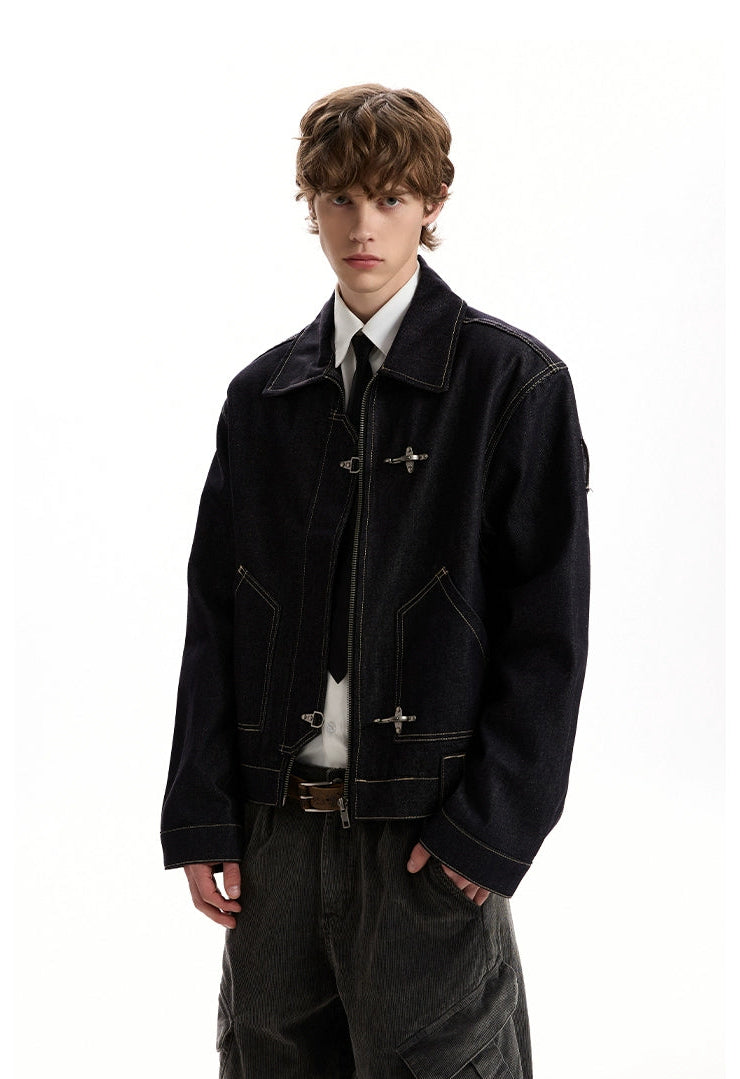 Fireman Clasp Contrast-Stitch Dark Wash Denim Zip Jacket Fireman Clasp Contrast-Stitch Dark Wash Denim Zip Jacket