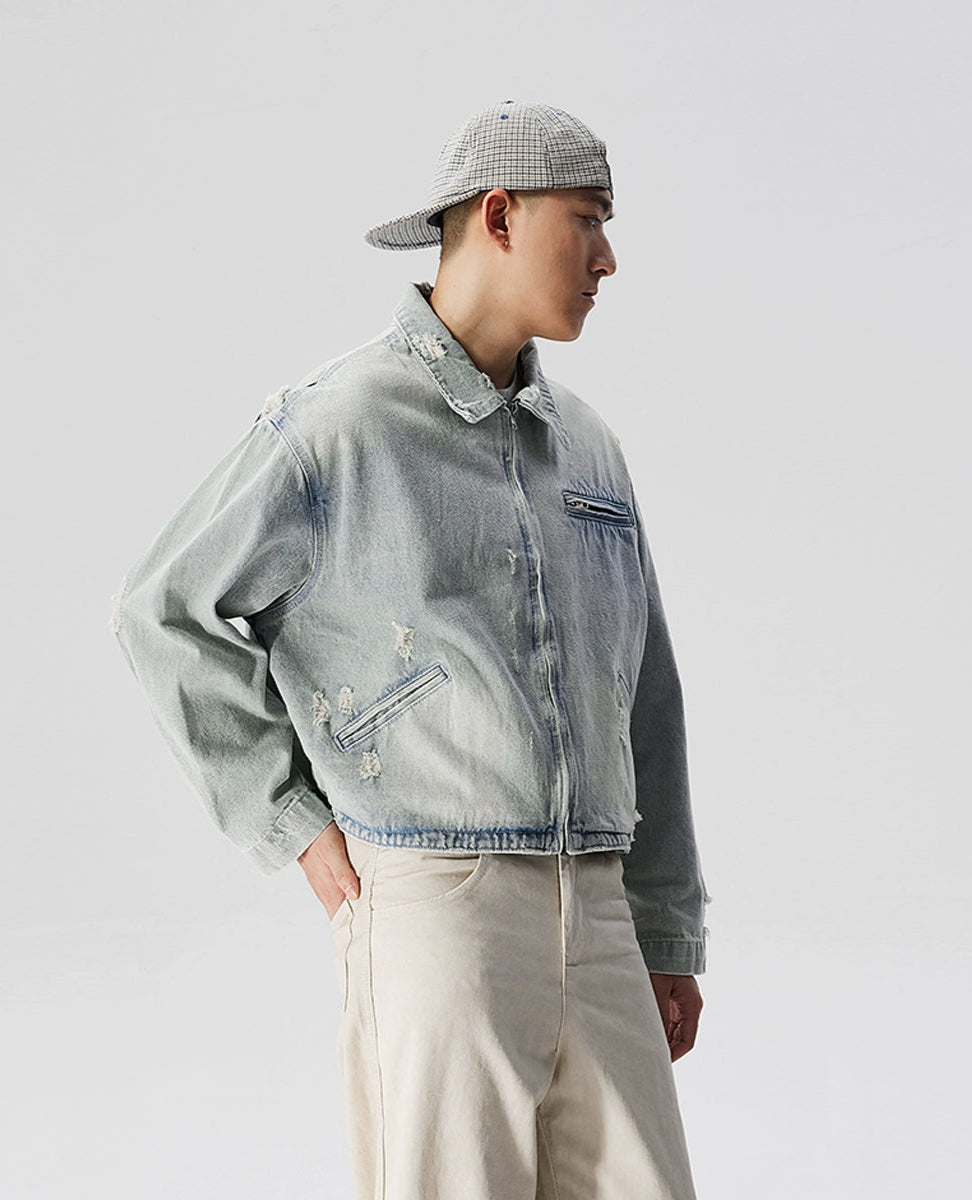 Faded Distressed Mid Crop Denim Jacket