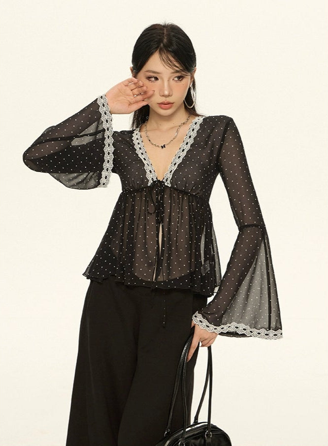 Sheer Polka Dot Lace Trim Flare Sleeve Top