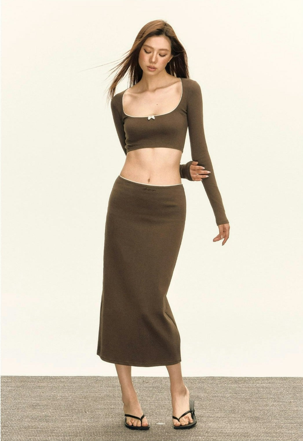 Skinny Bow-Detail Long Sleeve Crop Top and Maxi Skirt Two Piece Set