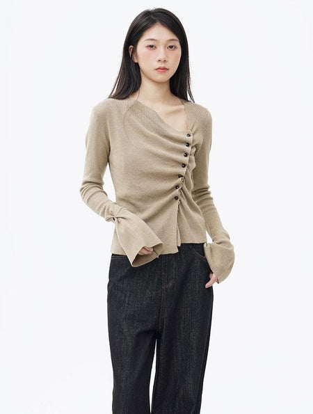 Asymmetric Button Ruched Long Sleeve Top - nightcity clothing