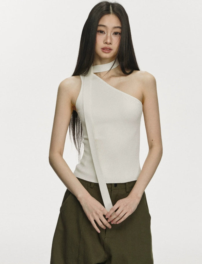 Ribbed One Shoulder Knit Top with Scarf Detail