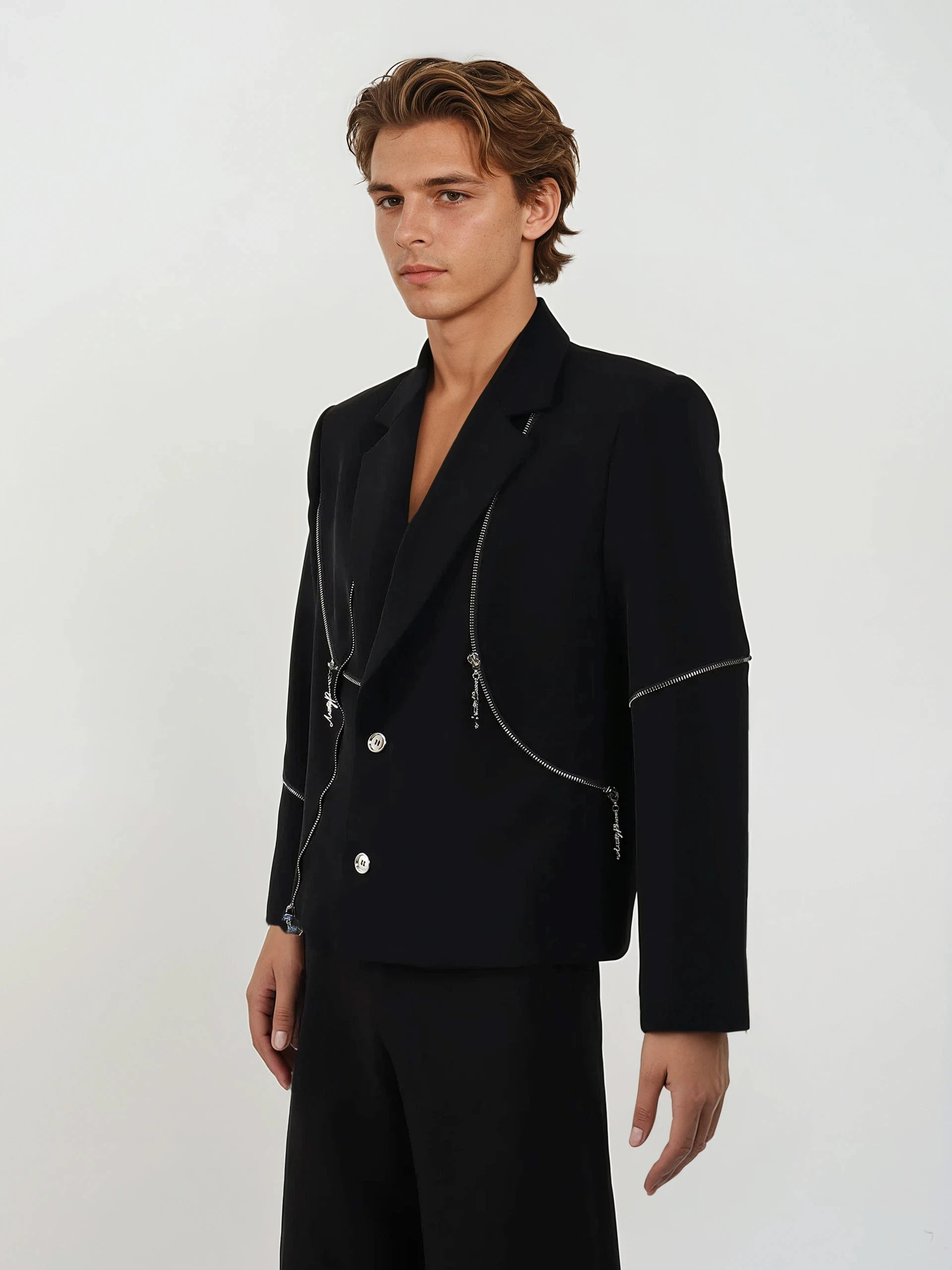 Structured Single-Breasted Blazer with Asymmetric Zip Details