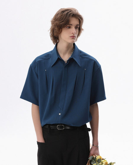 Structured Short-Sleeve Shirt with Pleated Front and Concealed Placket - nightcity clothing