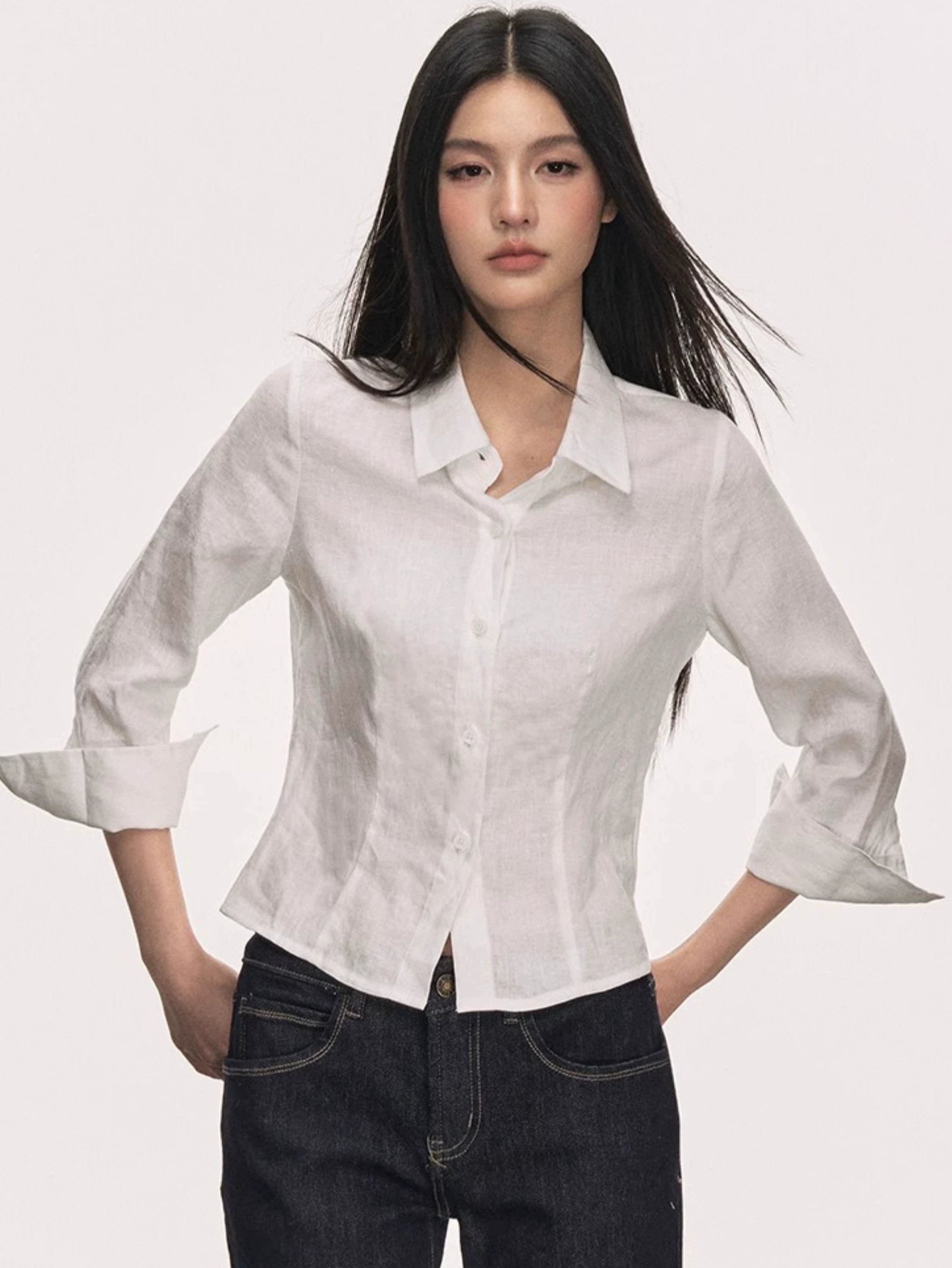 Linen Button-Up Collared Shirt with Cropped Sleeves