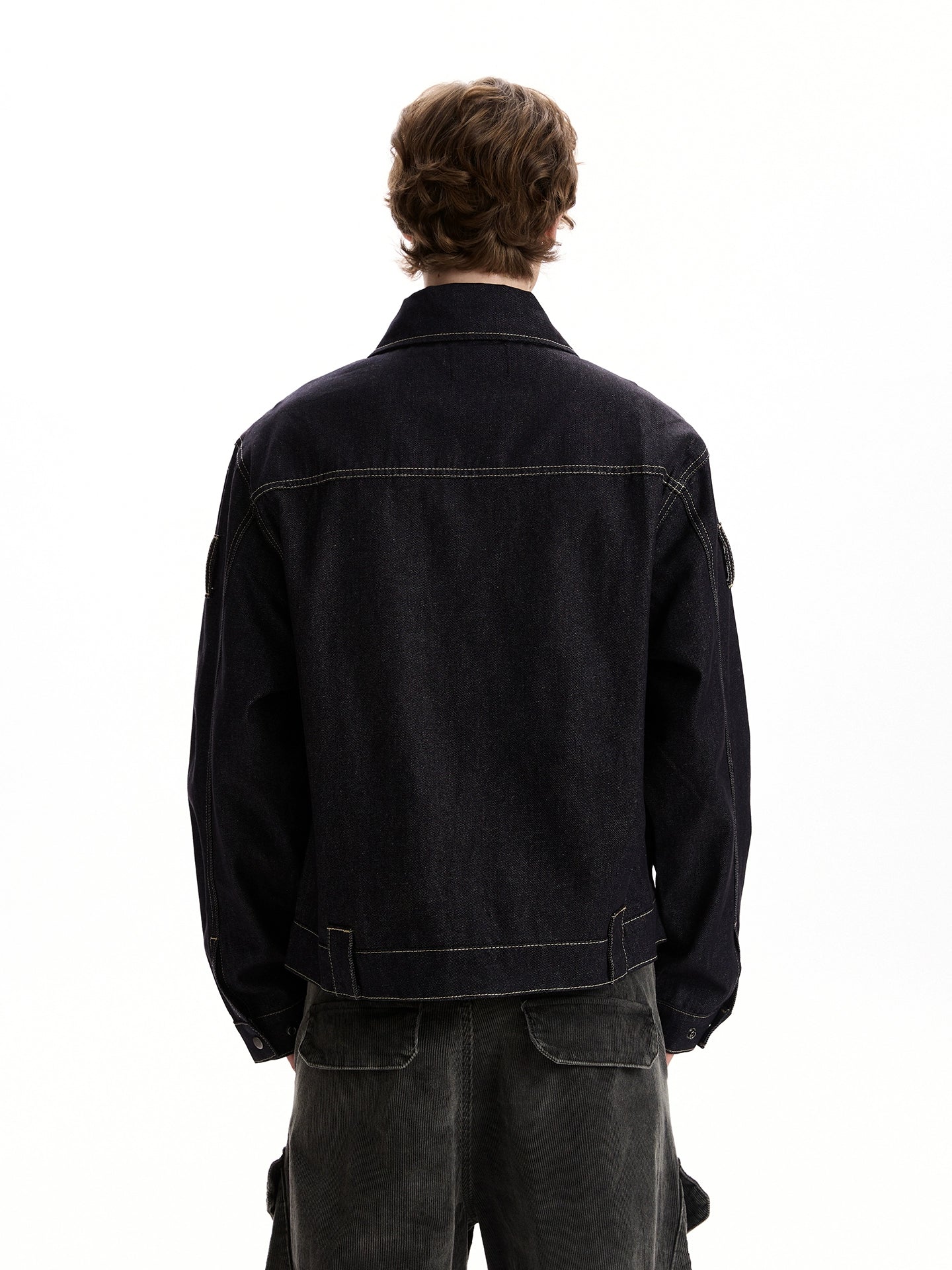 Fireman Clasp Contrast-Stitch Dark Wash Denim Zip Jacket