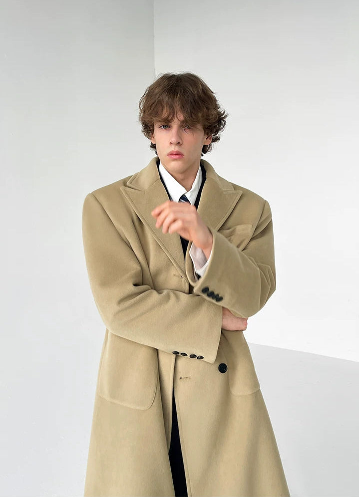 Boxy Double-Breasted Wide Lapel Long Overcoat