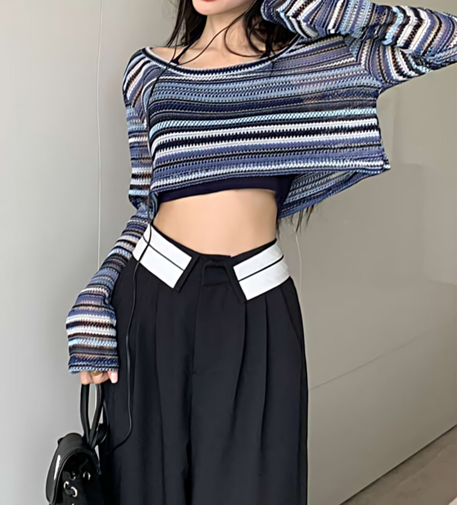 Stripe Wide Neck Knit Cropped Top