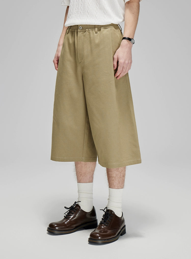 Elastic Waist Wide Leg Pleated Longline Bermuda Shorts