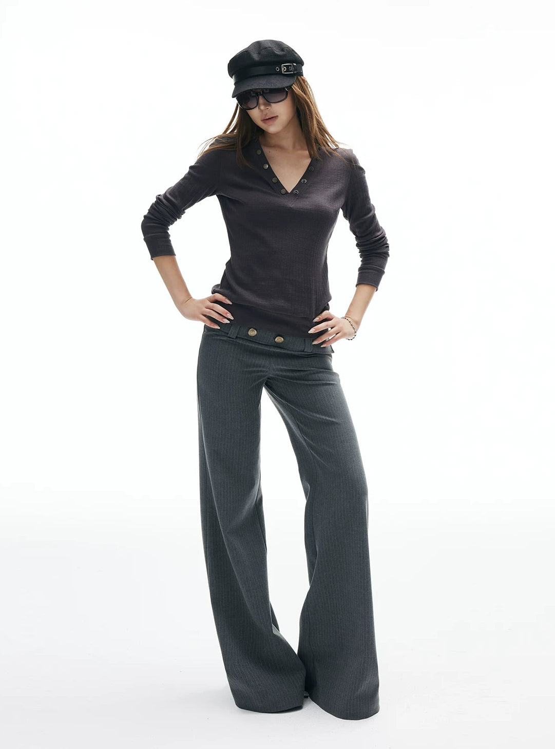 Wide Belt Flare Pinstripe Low-Waisted Pants - nightcity clothing