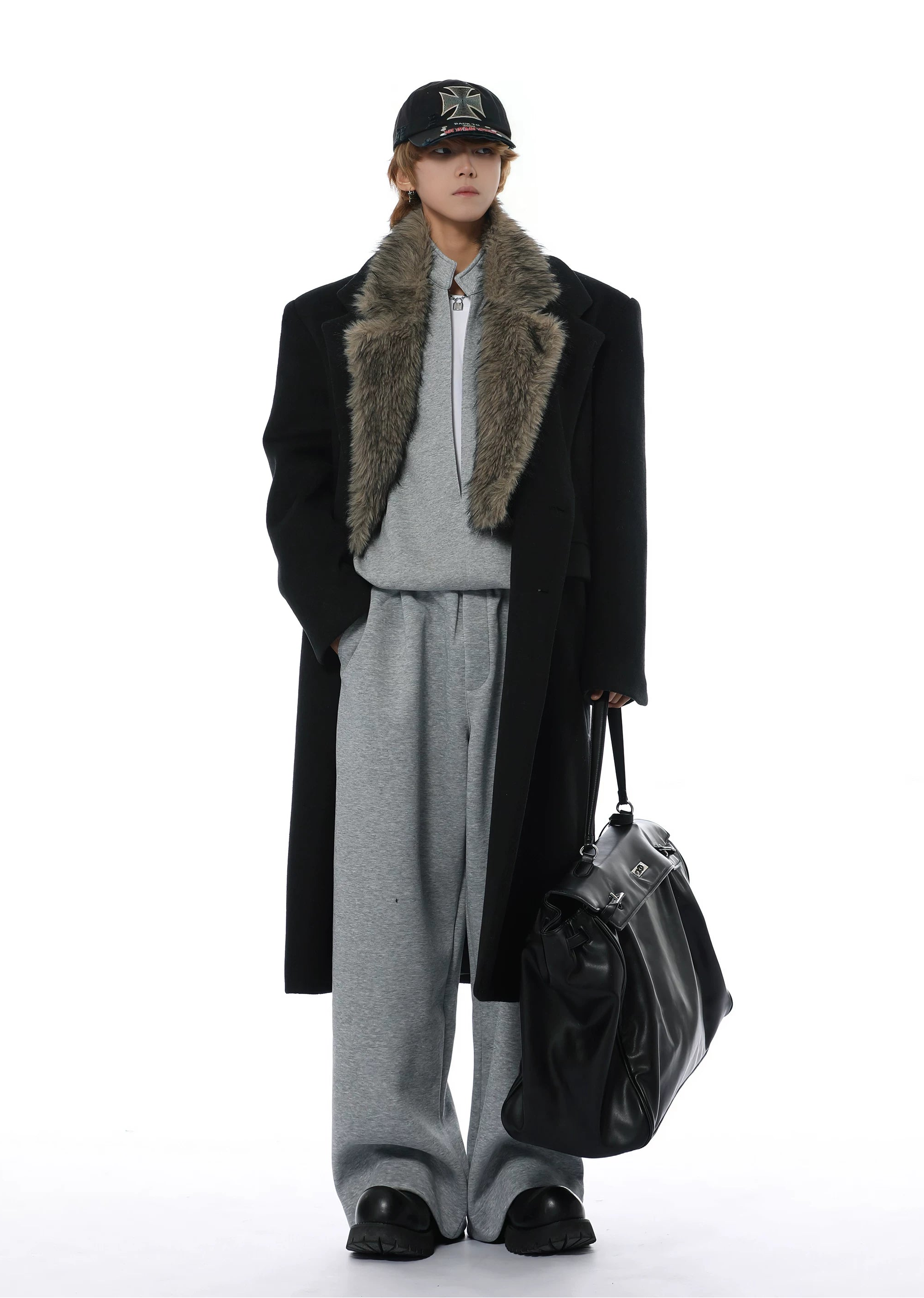 Longline Overcoat with Detachable Faux Fur Collar - nightcity clothing