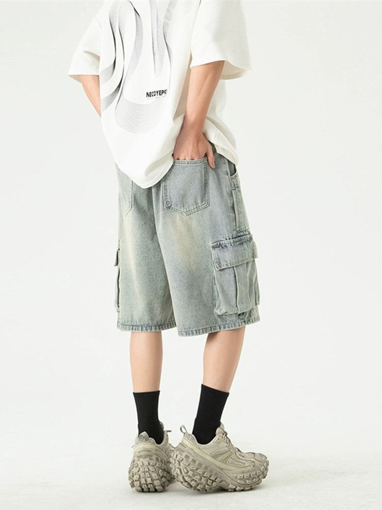 Faded Denim Bermuda Shorts with Cargo Pockets