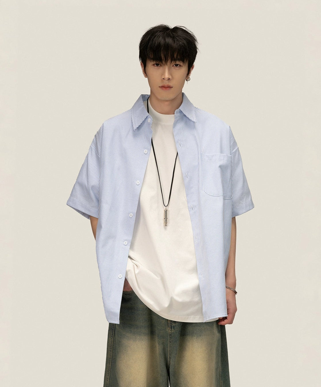 Pinstripe Short Sleeve Button-Up Shirt with Chest Pocket