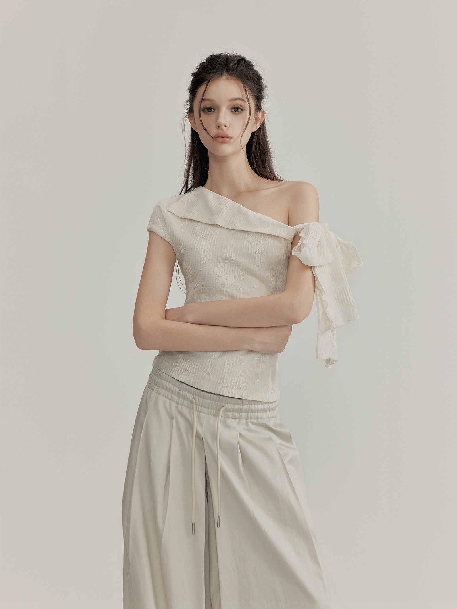 Textured One Shoulder Top with Tie Sleeve Detail