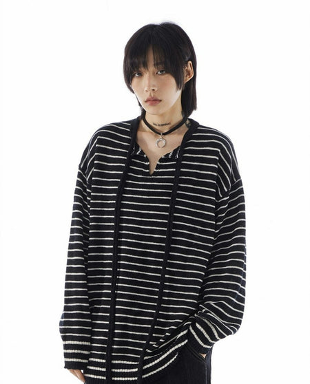 Stripe Oversized Knit Sweatshirt with Drawstrings - nightcity clothing