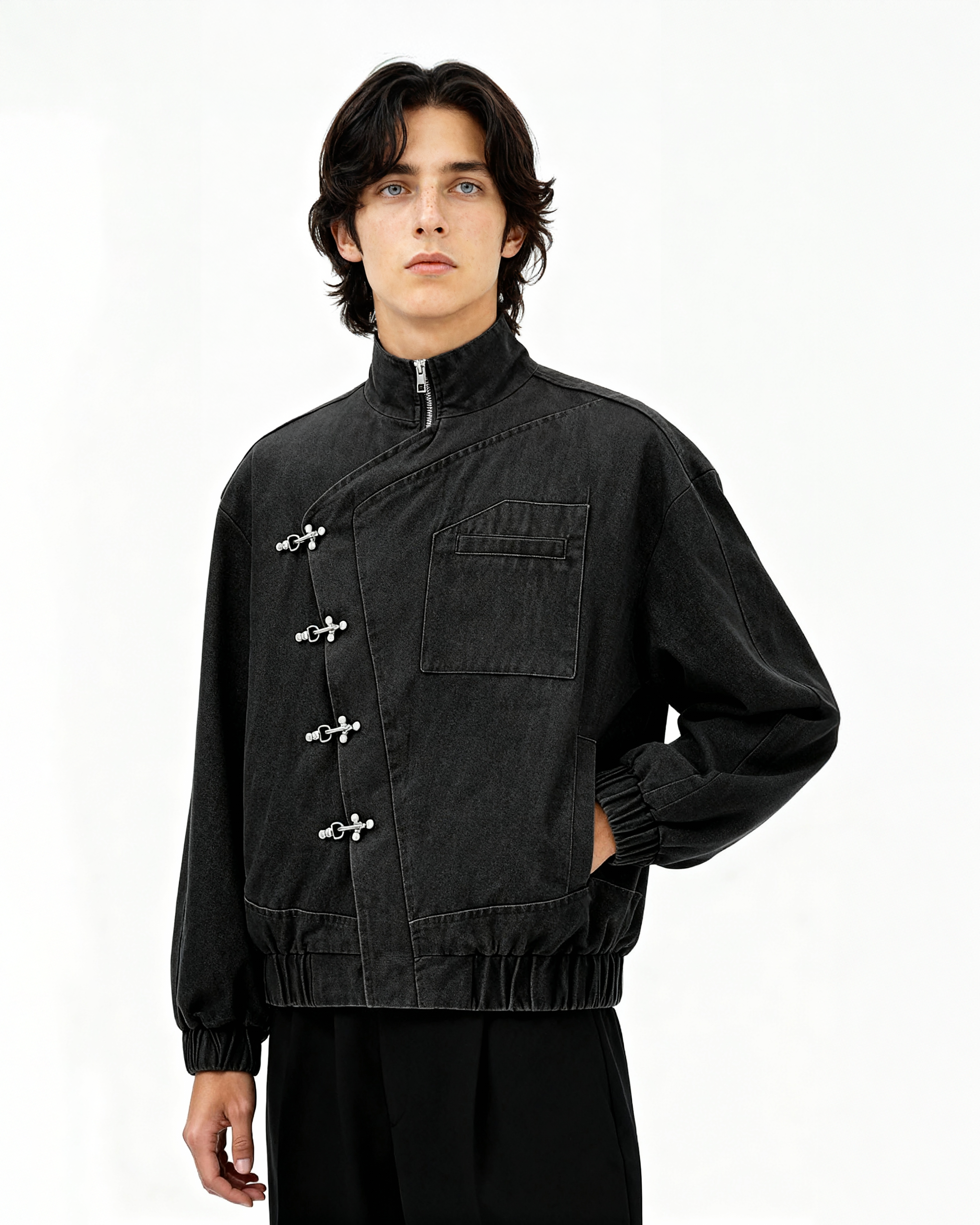 Asymmetric Fireman Buckle Elastic Hem Denim Jacket
