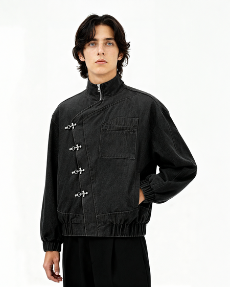 Asymmetric Fireman Buckle Elastic Hem Denim Jacket