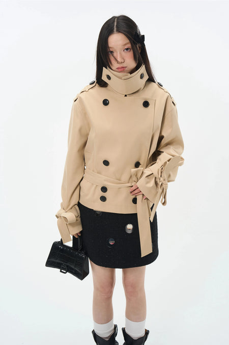 Overlapped Cropped Trench Coat with Belt - nightcity clothing
