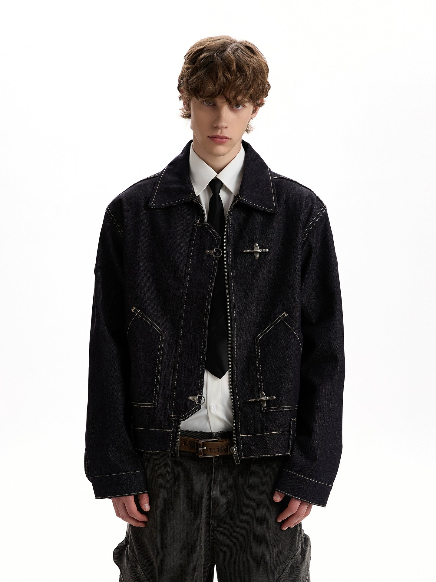 Fireman Clasp Contrast-Stitch Dark Wash Denim Zip Jacket