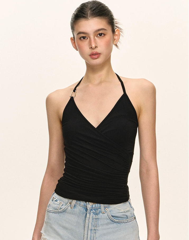 Ruched Wrap Halter Neck Top with Buckle Detail