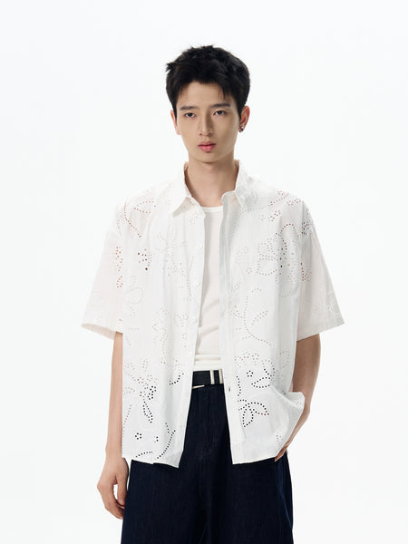 Embroidered Eyelet Short Sleeve Button-Up Shirt