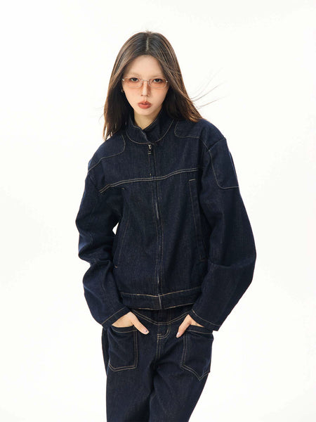 Oversized Contrast Stitch Denim Zip Jacket - nightcity clothing