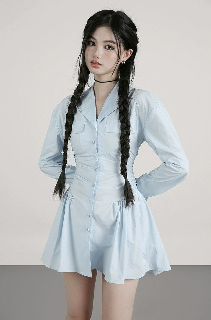 Button-Up Shirt Dress with Flared Skirt and Collar Detail