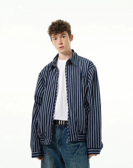 Oversized Striped Zip-Up Collared Jacket - nightcity clothing