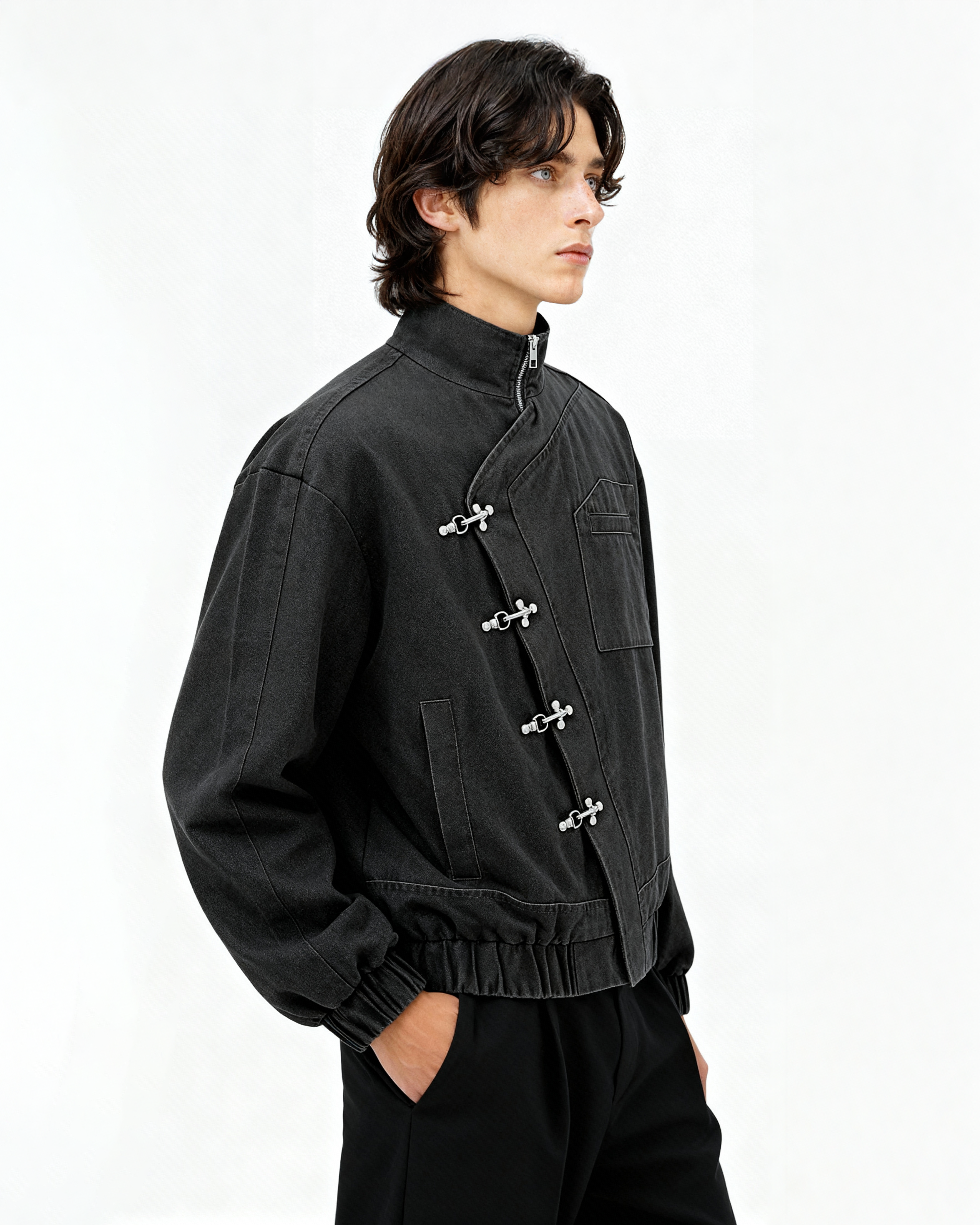 Asymmetric Fireman Buckle Elastic Hem Denim Jacket