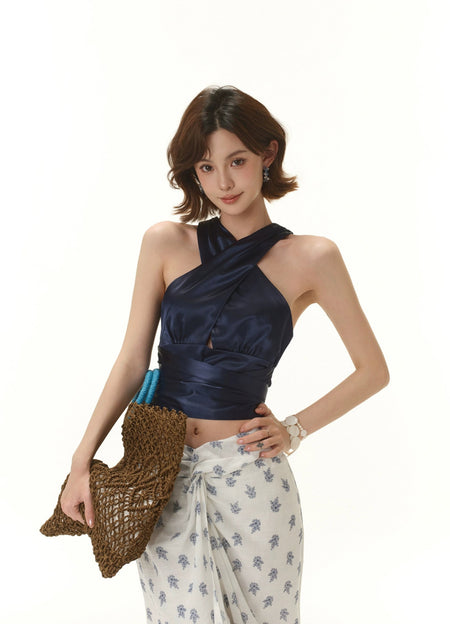 Satin Crisscross Halter Neck Wrap Crop Top