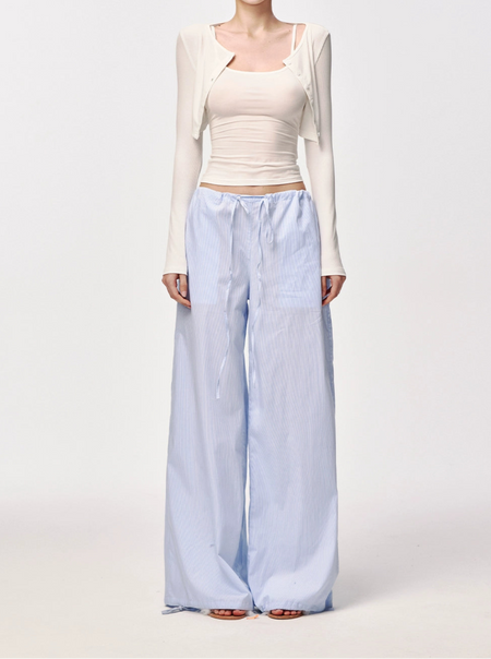Pinstripe Wide Leg Drawstring Pants with Pockets